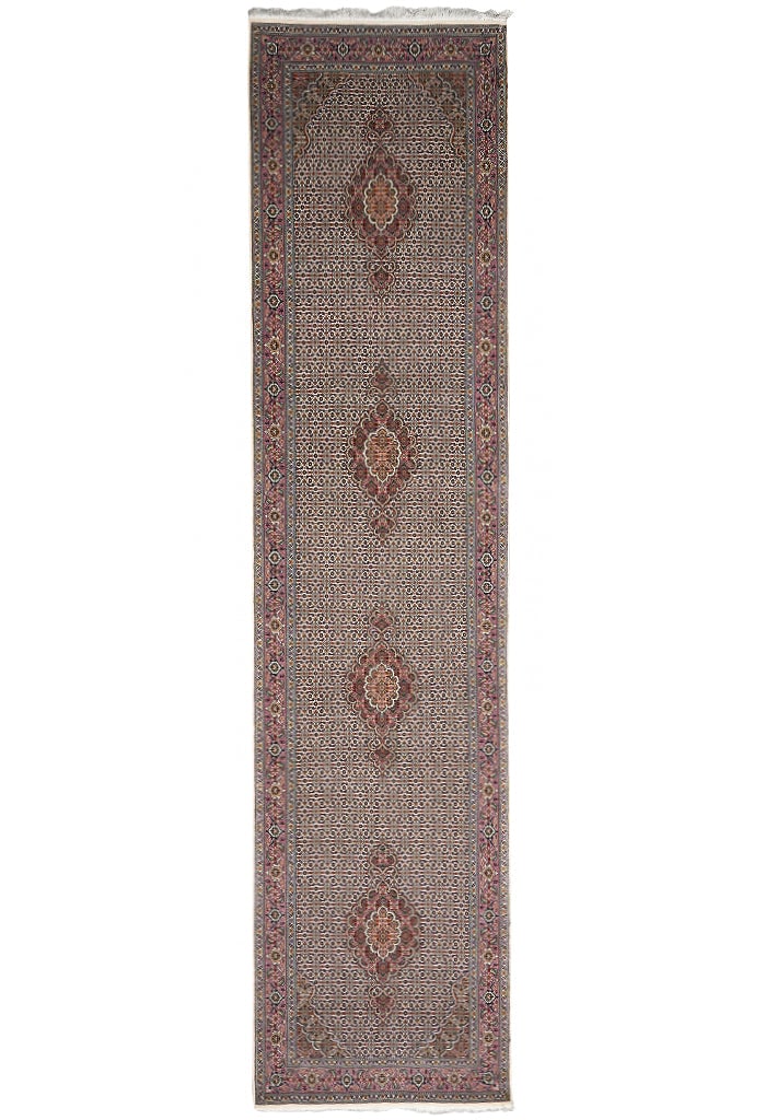 Persian Mahi Tabriz Runner 3.3 x 13.3 Wool Silk 400 KPSI Hand Knotted: Persian Mahi Tabriz Runner 3.3 x 13.3 Wool Silk 400 KPSI Hand Knotted Free continental US Shipping This authentic Persian Mahi Tabriz runner is hand-knotted in Tabriz, Iran, from a blend of premium wo