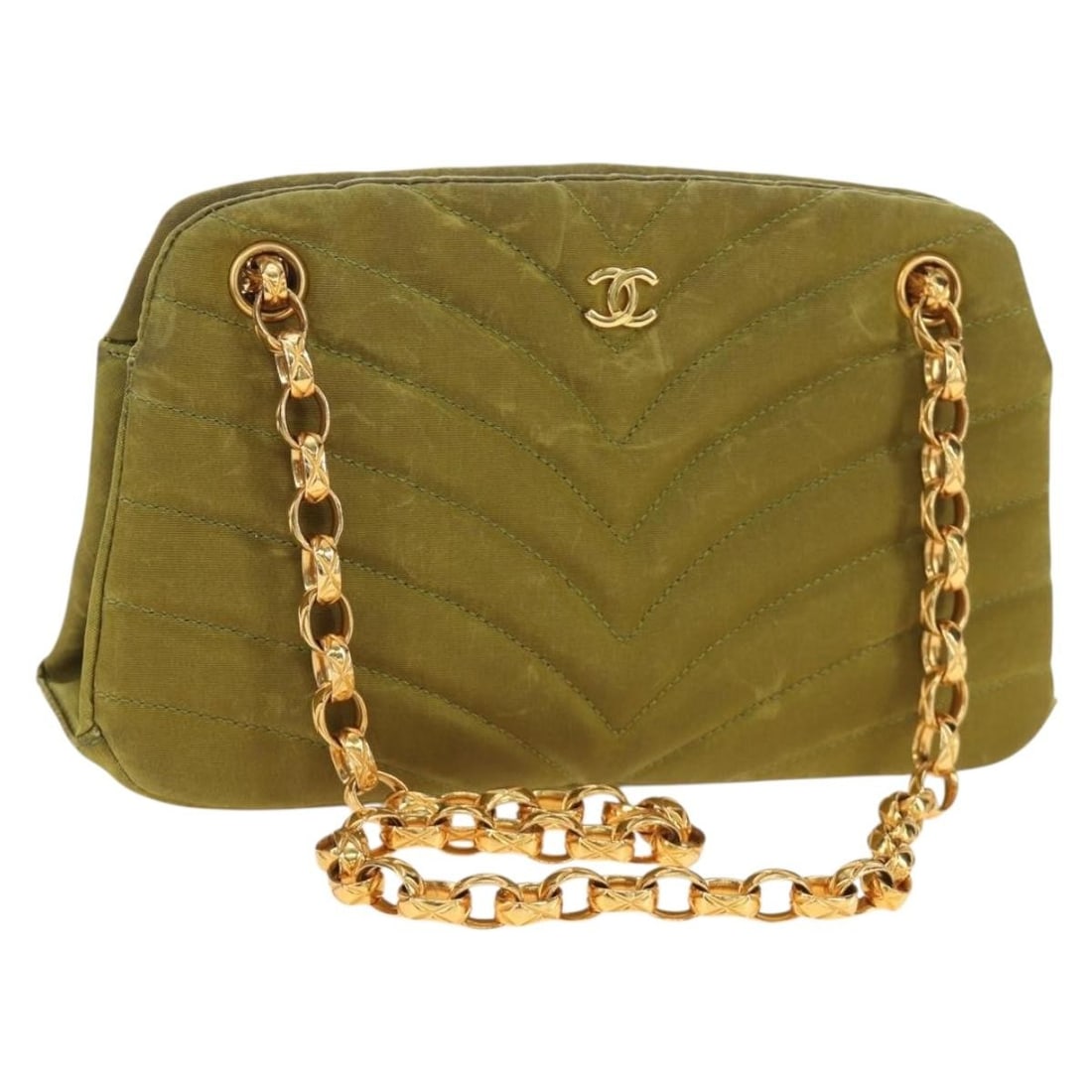 CHANEL V Stitch Canvas Shoulder Bag Green Gold CC: CHANEL V Stitch Canvas Shoulder Bag Green Gold CC Chanel V Stitch shoulder bag in green canvas with gold-tone CC detailing. Made in France, this women's shoulder bag includes the dust bag and item box