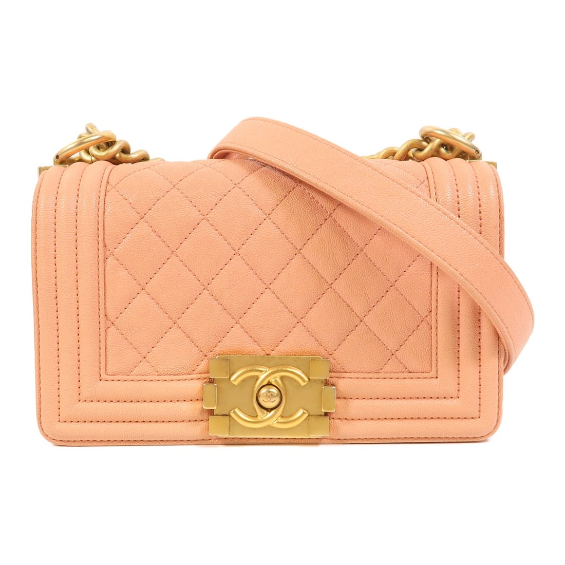 Pink Calfskin CHANEL Boy 20 Shoulder Bag with Gold Hardware: Pink Calfskin CHANEL Boy 20 Shoulder Bag with Gold Hardware This CHANEL Boy 20 shoulder bag is crafted from pink calfskin leather and features the signature CC detail. The bag is designed with a chain