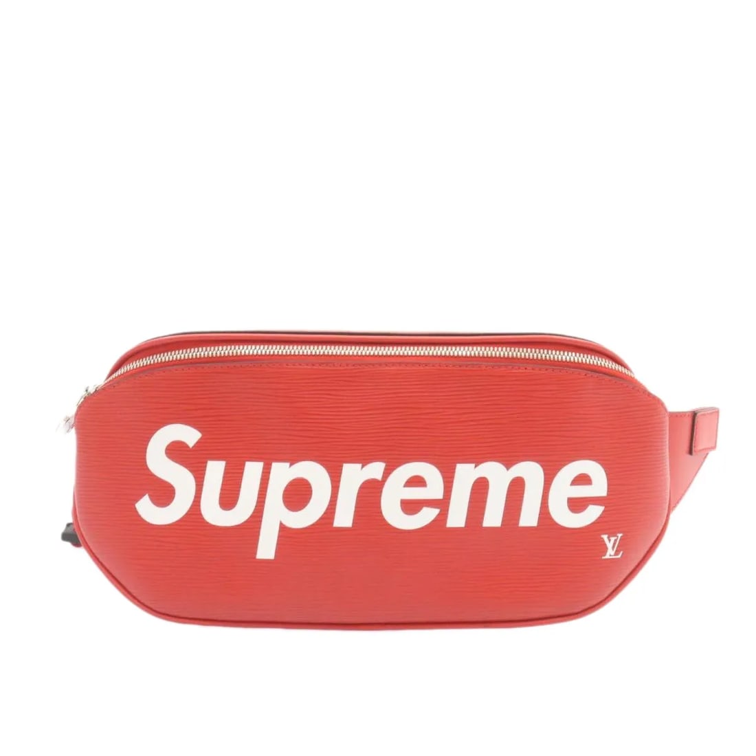Red Epi Leather Supreme Collaboration Waist Bag by Louis Vuitton: Red Epi Leather Supreme Collaboration Waist Bag by Louis Vuitton This Louis Vuitton x Supreme Waist Bag is crafted from red Epi leather and designed for unisex use. The bag is pre-owned and remains in