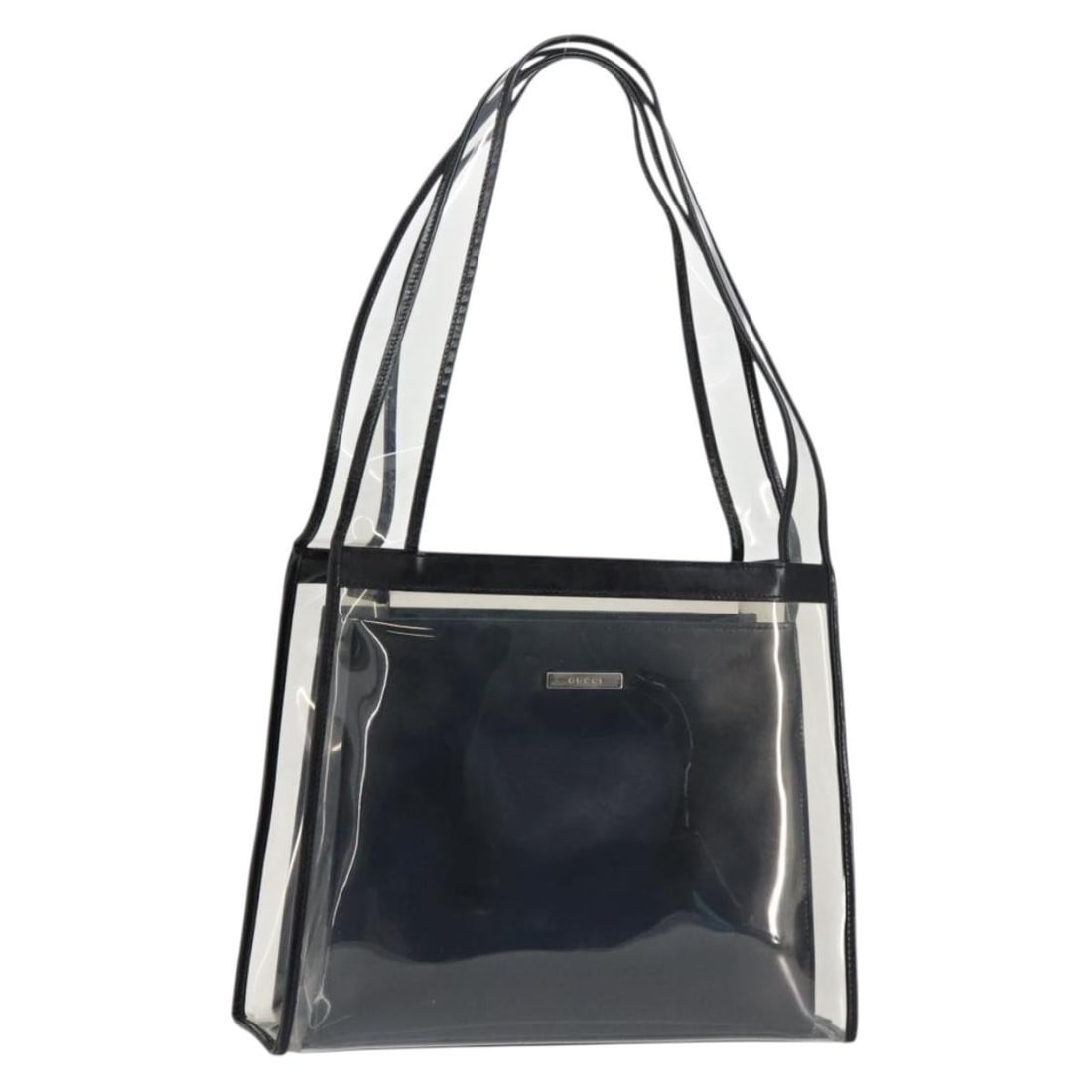 Black Vinyl Tote Bag Gucci 001 2058 1773 5 Italy: Black Vinyl Tote Bag Gucci 001 2058 1773 5 Italy Gucci black vinyl tote bag made in Italy. This women's tote features a structured everyday silhouette and is offered in heavily used condition with vis