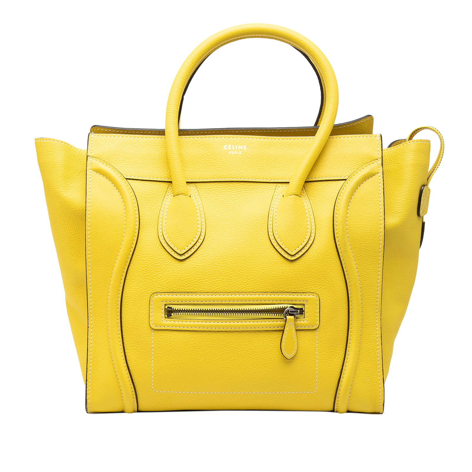 Celine Mini Calfskin Leather Tote Yellow: Celine Mini Calfskin Leather Tote Yellow This Celine Mini Calfskin Luggage Tote showcases a yellow calf leather body with rolled leather handles and a top zip closure. It features an exterior front zi