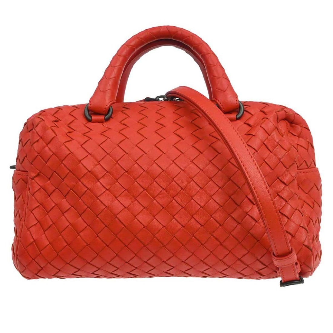 Bottega Veneta Intrecciato red lambskin 2 way hobo bag: Bottega Veneta Intrecciato red lambskin 2 way hobo bag Bottega Veneta Intrecciato 2-way handbag in red lambskin with a top handle and removable shoulder strap. This women's medium bag features a brown