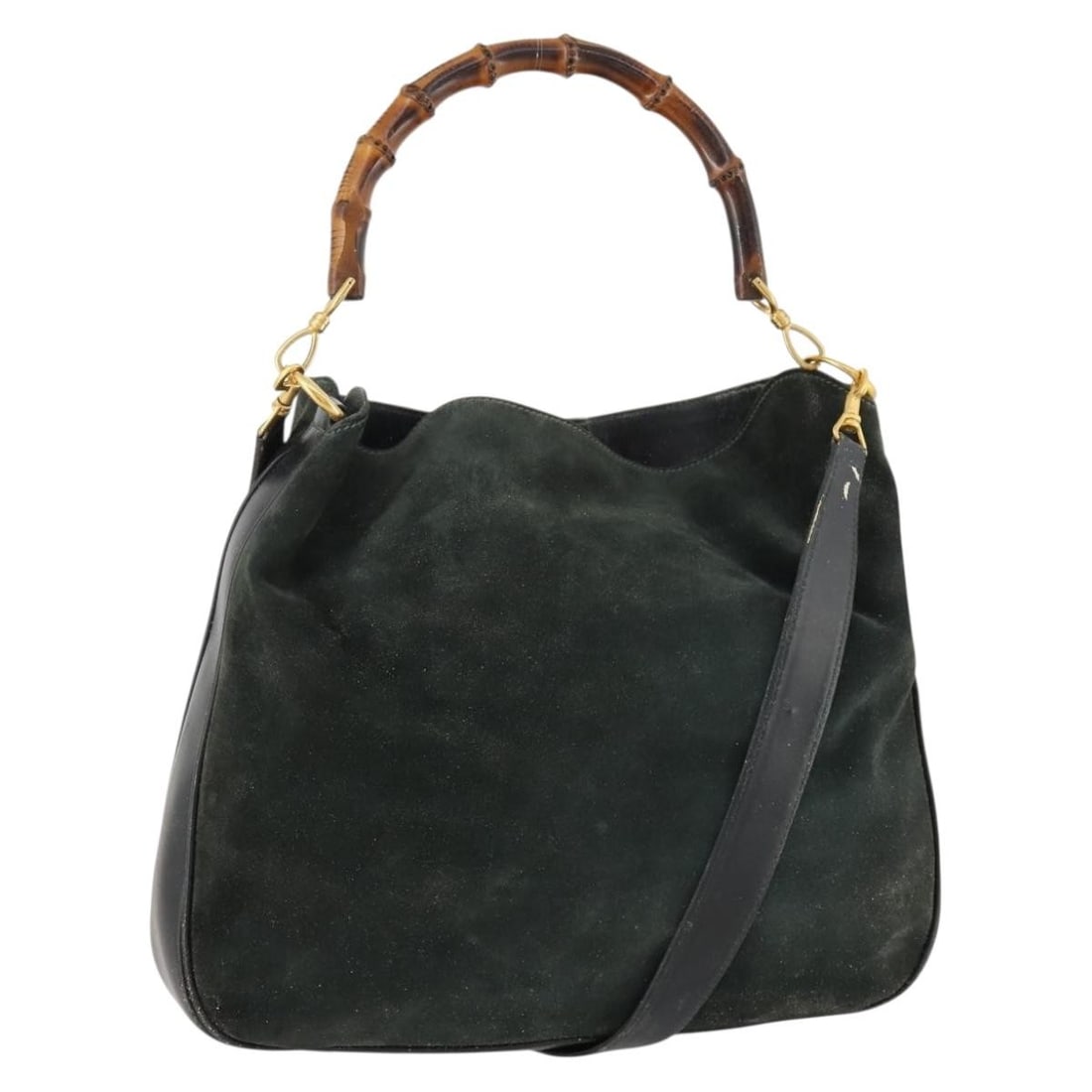 Gucci Bamboo Green Suede 2way Shoulder Bag with Gold Accents 001 3754: Gucci Bamboo Green Suede 2way Shoulder Bag with Gold Accents 001 3754 This Gucci Bamboo Shoulder Bag is crafted from green suede with gold-tone accents and features a versatile 2-way design that can b