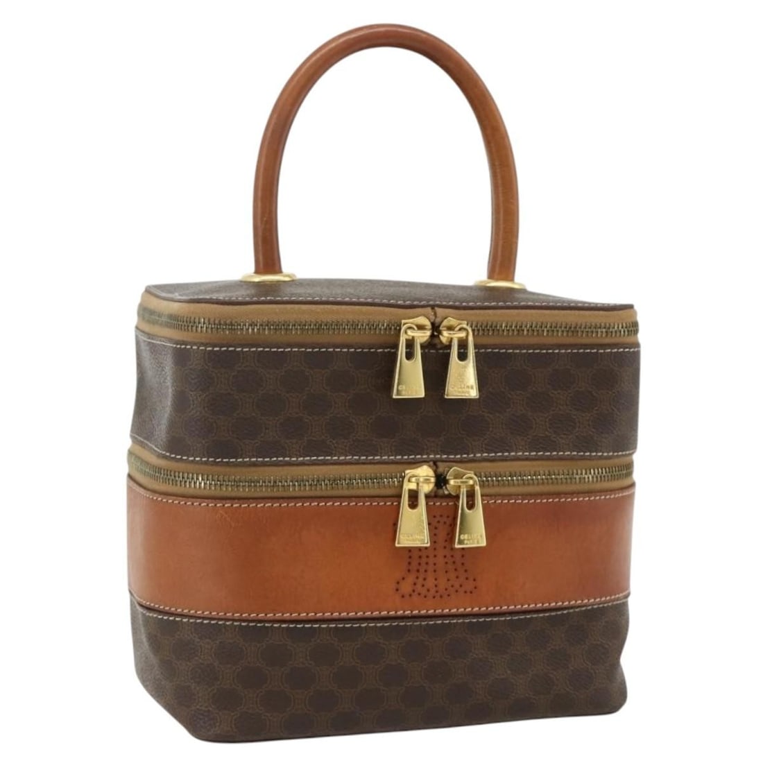 CELINE Macadam Vanity Handbag Brown PVC Leather Gold Tone: CELINE Macadam Vanity Handbag Brown PVC Leather Gold Tone Celine Macadam vanity hand bag in brown PVC leather and canvas with gold-tone detailing. Made in Italy, this women's bag includes the item sho