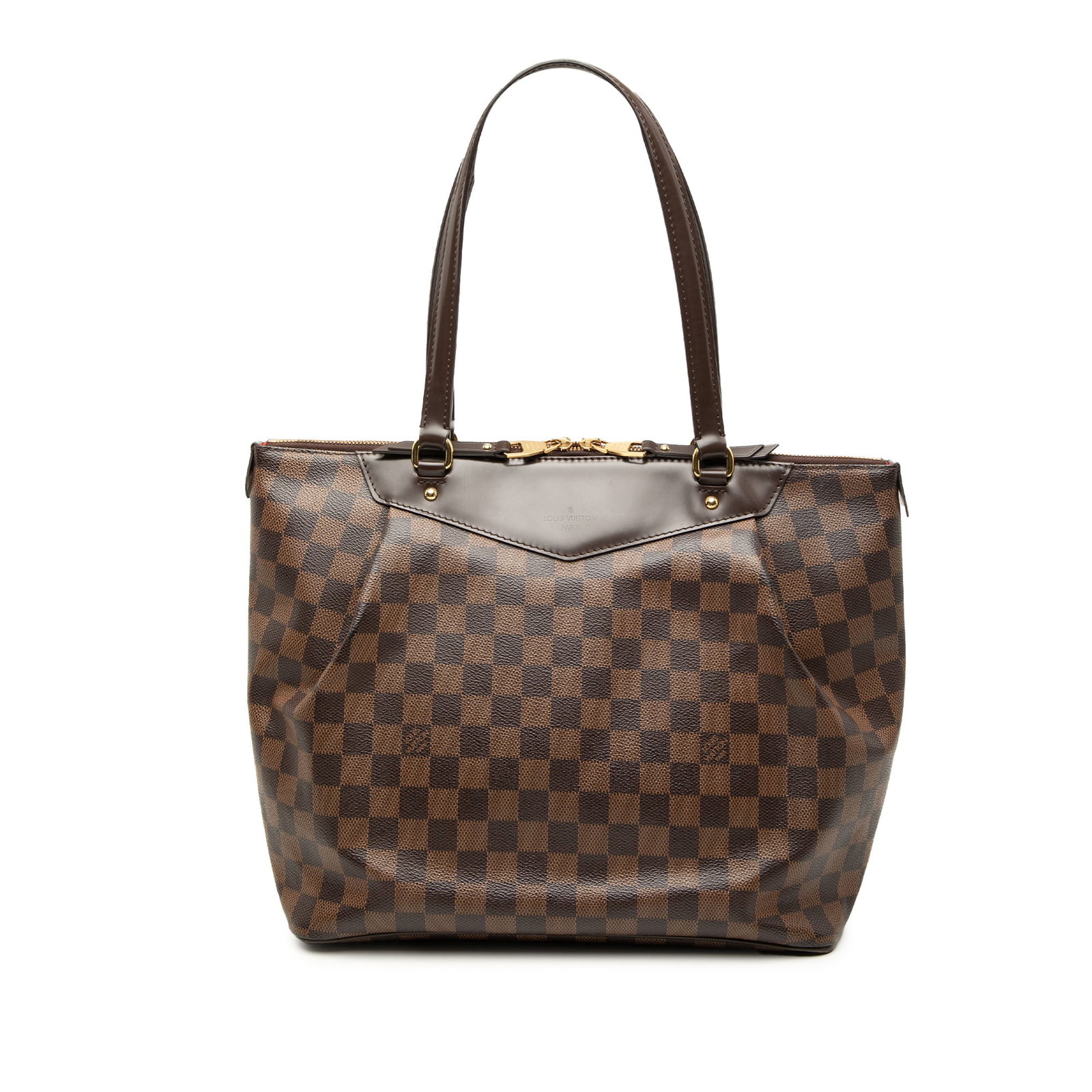 Louis Vuitton Westminster GM Damier Ebene Brown Shoulder Bag: Louis Vuitton Westminster GM Damier Ebene Brown Shoulder Bag Louis Vuitton Damier Ebene Westminster GM bag with a damier canvas body, flat leather straps, a top zip closure, and interior slip pockets.