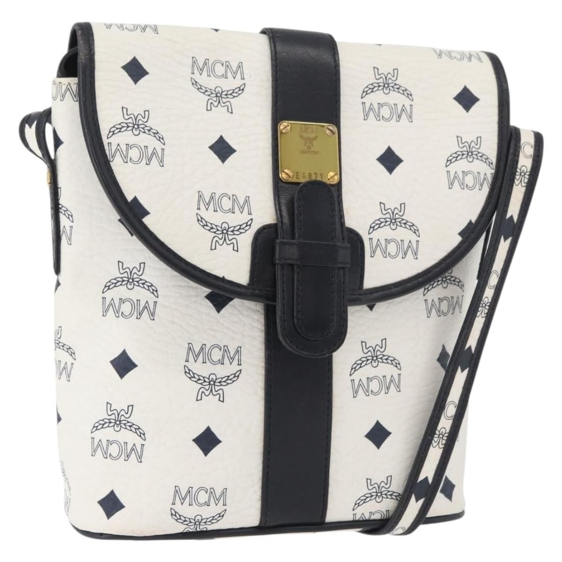 MCM Vicetos white gold PVC leather shoulder bag: MCM Vicetos white gold PVC leather shoulder bag This MCM Vicetos Logogram shoulder bag is crafted from durable PVC leather in a white and gold color scheme. Designed for women, the bag features an adj