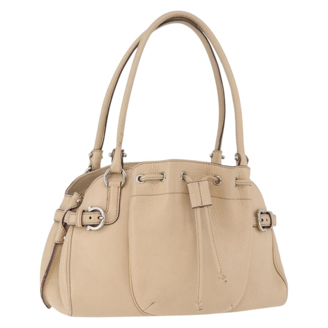 Salvatore Ferragamo Gancini beige silver leather handbag Italy: Salvatore Ferragamo Gancini beige silver leather handbag Italy This Salvatore Ferragamo Gancini handbag is crafted from beige leather with silver-tone accents. Designed for women, it features a struct