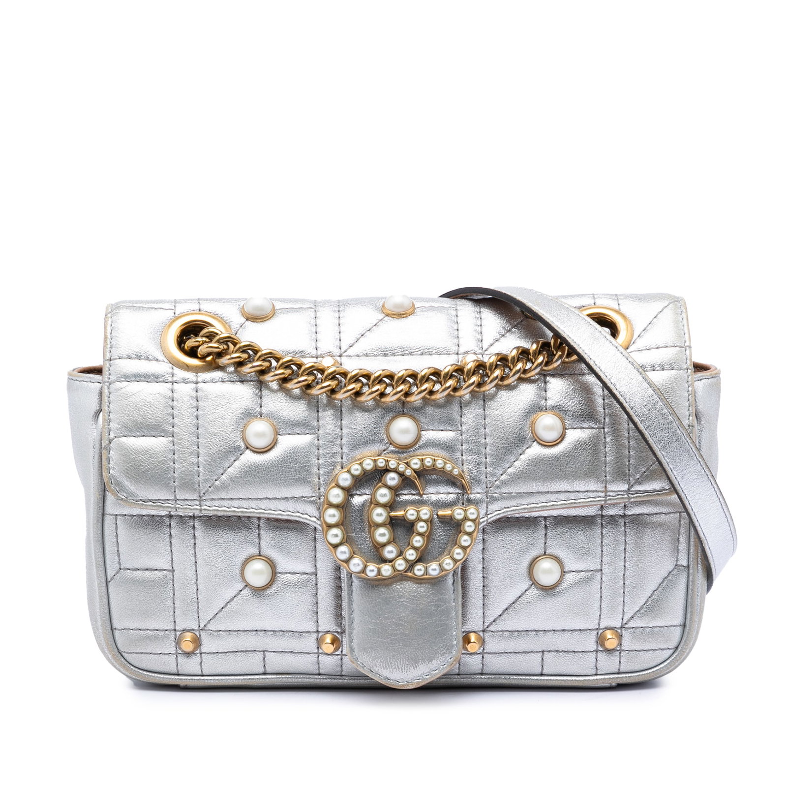 Gucci GG Marmont pearl studded leather shoulder bag: Gucci GG Marmont pearl studded leather shoulder bag This Gucci Small Pearly GG Marmont Shoulder Bag features a quilted leather body adorned with faux pearl details and a curb chain shoulder strap. The