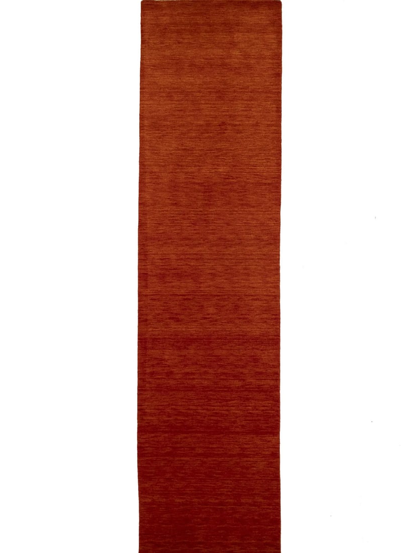 Hand-Loomed Gabbeh Wool Runner Rug in Orange Red 2'6 x 9'10: Hand-Loomed Gabbeh Wool Runner Rug in Orange Red 2'6 x 9'10 This hand-loomed Gabbeh wool runner rug features a solid orange red design and modern style, making it a versatile addition to hallways or k
