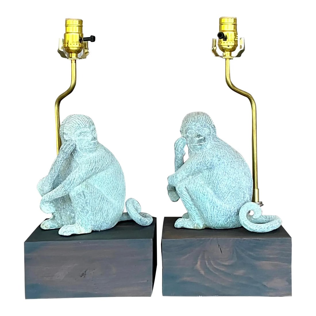 Vintage Boho Patinated Metal Monkey Lamps Pair 18 Inch Verdigris: Vintage Boho Patinated Metal Monkey Lamps Pair 18 Inch Verdigris Brighten up your living space with this delightful pair of Vintage Boho Patinated Metal Monkey Lamps. Each lamp showcases a charming mo