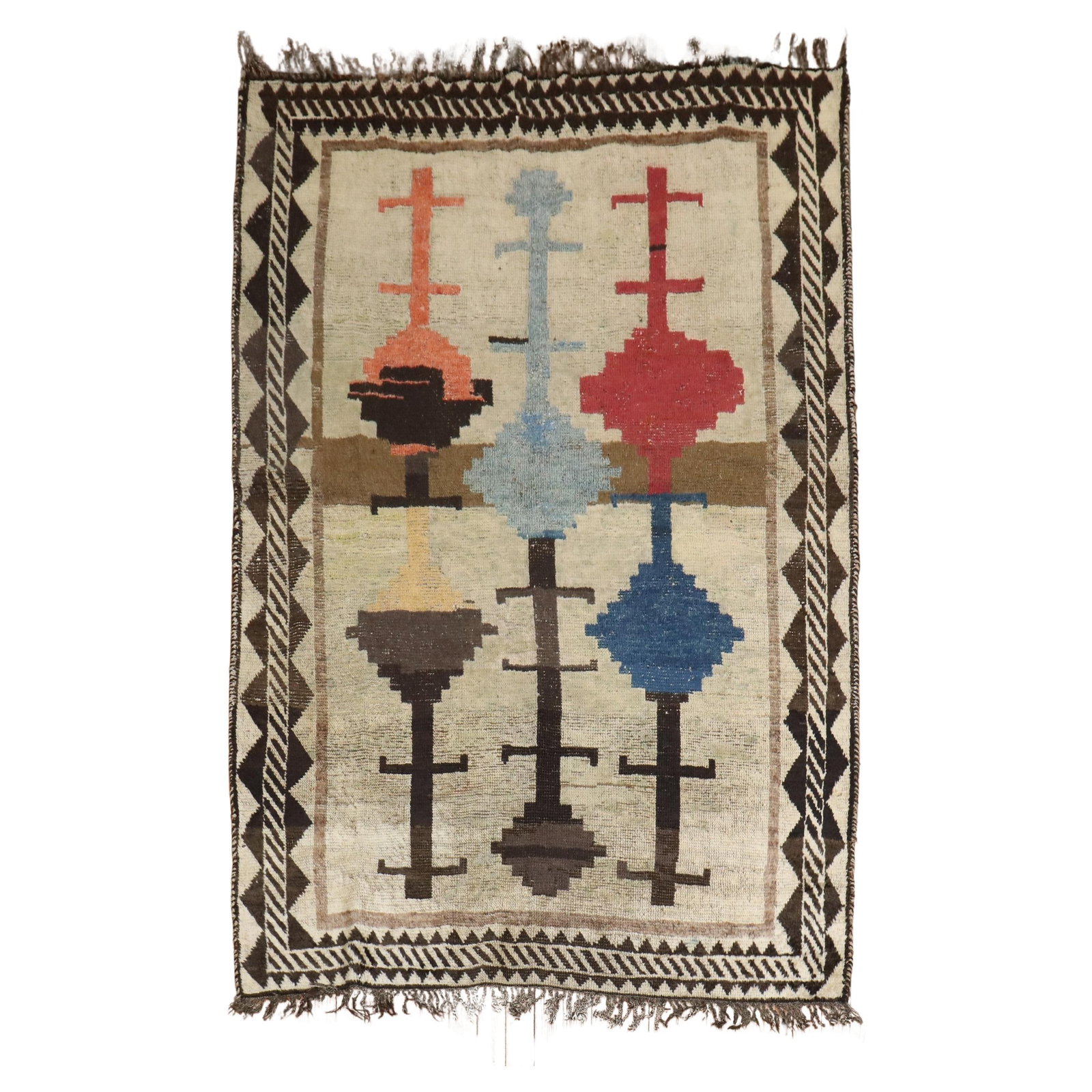 Whimsical Antique Persian Gabbeh Rug 4'2" x 6' Hand-Knotted Wool: Whimsical Antique Persian Gabbeh Rug 4'2" x 6' Hand-Knotted Wool This whimsical antique Persian Gabbeh rug showcases a unique tribal design, hand-knotted with high-quality wool. Measuring 50 inches in