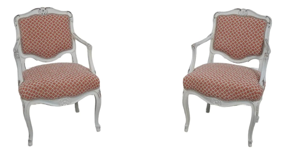 Pair Petite Louis XV White Upholstered Armchairs (1 of 10)