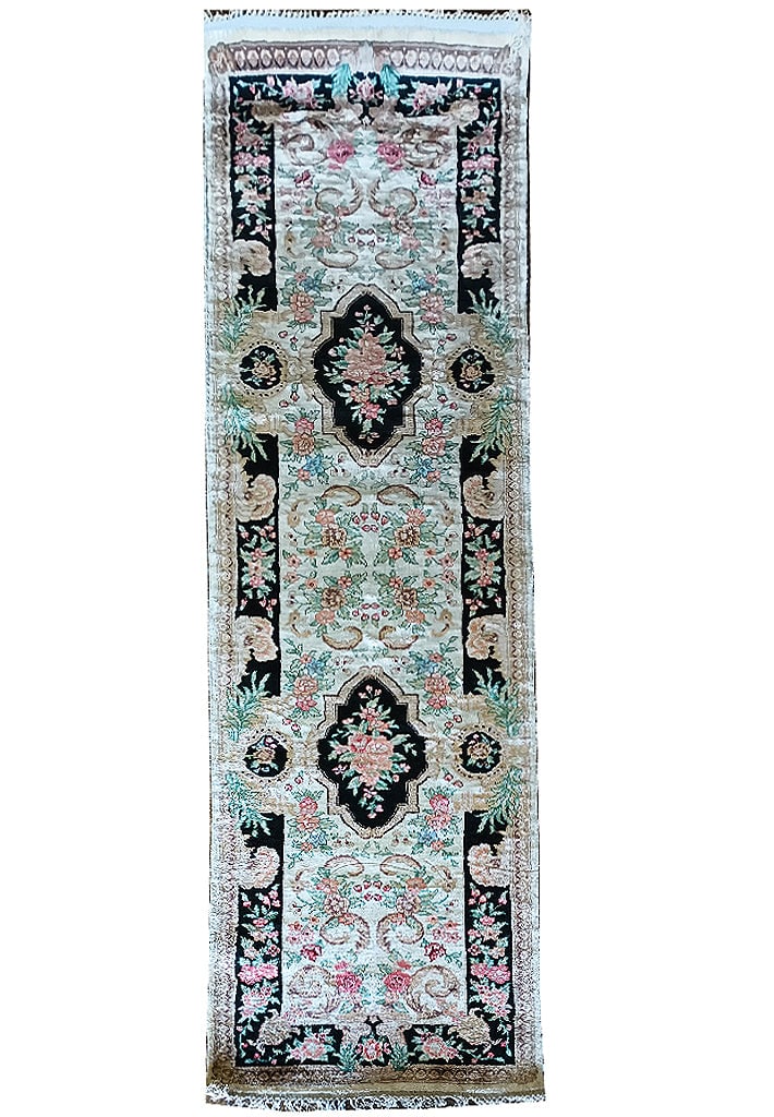 Exquisite 2.6 x 9.10 Hand-Knotted Bamboo Silk Floral Runner Rug: Exquisite 2.6 x 9.10 Hand-Knotted Bamboo Silk Floral Runner Rug Free continental US Shipping Transform your living space with this exquisite handmade bamboo silk rug, measuring 2.6 x 9.10 ft. (30 in x