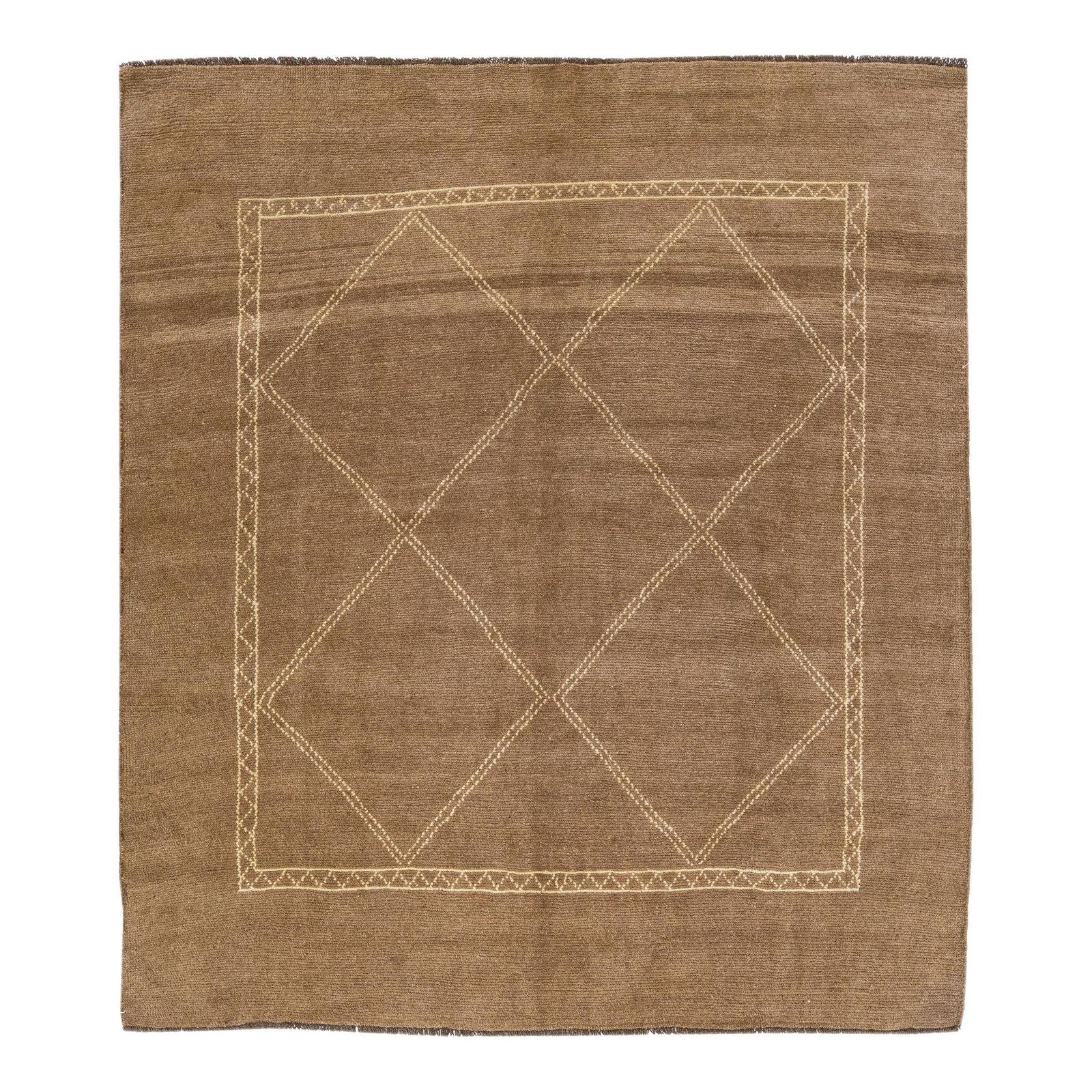 Geometric Square Wool Rug in Light Brown Moroccan Style 6'9 x 7'5: Geometric Square Wool Rug in Light Brown Moroccan Style 6'9 x 7'5 Enhance your living space with this exquisite Moroccan-style handmade wool rug from our Northwest collection. Featuring a warm light b