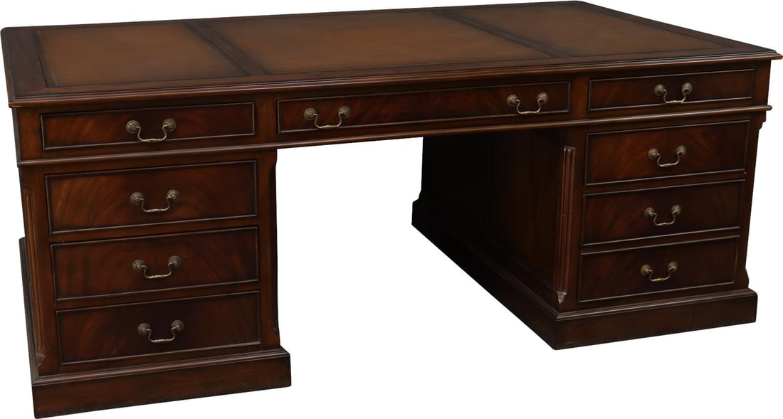 Regency Double Bank Partners Desk with Leather Top and Brass Pulls: Regency Double Bank Partners Desk with Leather Top and Brass Pulls This Elegant Regency Desk features a stunning leather top and is crafted in the traditional English style, showcasing the beauty of f