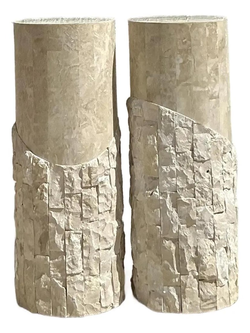 Pair of Mid-Century Boho Tessellated Stone Display Pedestals: Pair of Mid-Century Boho Tessellated Stone Display Pedestals This pair of vintage Boho pedestals features meticulously tessellated stone tiles, creating a rich geometric pattern and textured appearanc