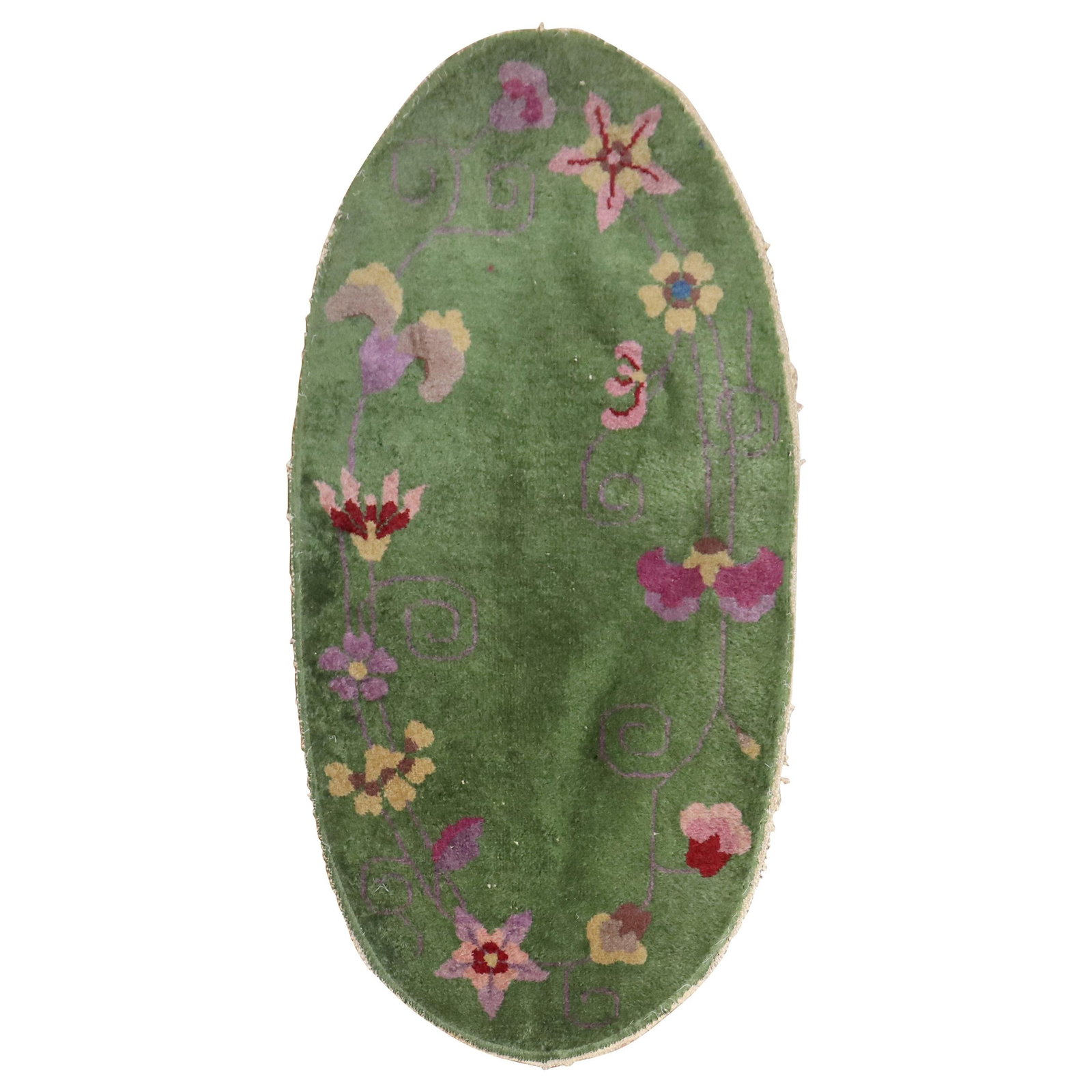 Rare Green Oval Art Deco Rug 24 x 46 Wool Hand-Painted China 1930s: Rare Green Oval Art Deco Rug 24 x 46 Wool Hand-Painted China 1930s Discover a rare oval-shaped Green Chinese Art Deco rug, expertly crafted during the 1930s. This stunning piece measures 24 in x 46 in