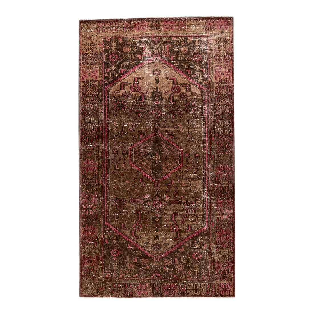 Vintage Handmade Brown Wool Rug with Pink Medallion Design 4'2 x 7'6: Vintage Handmade Brown Wool Rug with Pink Medallion Design 4'2 x 7'6 Enhance your space with this beautiful Vintage Distressed hand-knotted Wool Rug. Featuring a rich brown field complemented by pink 
