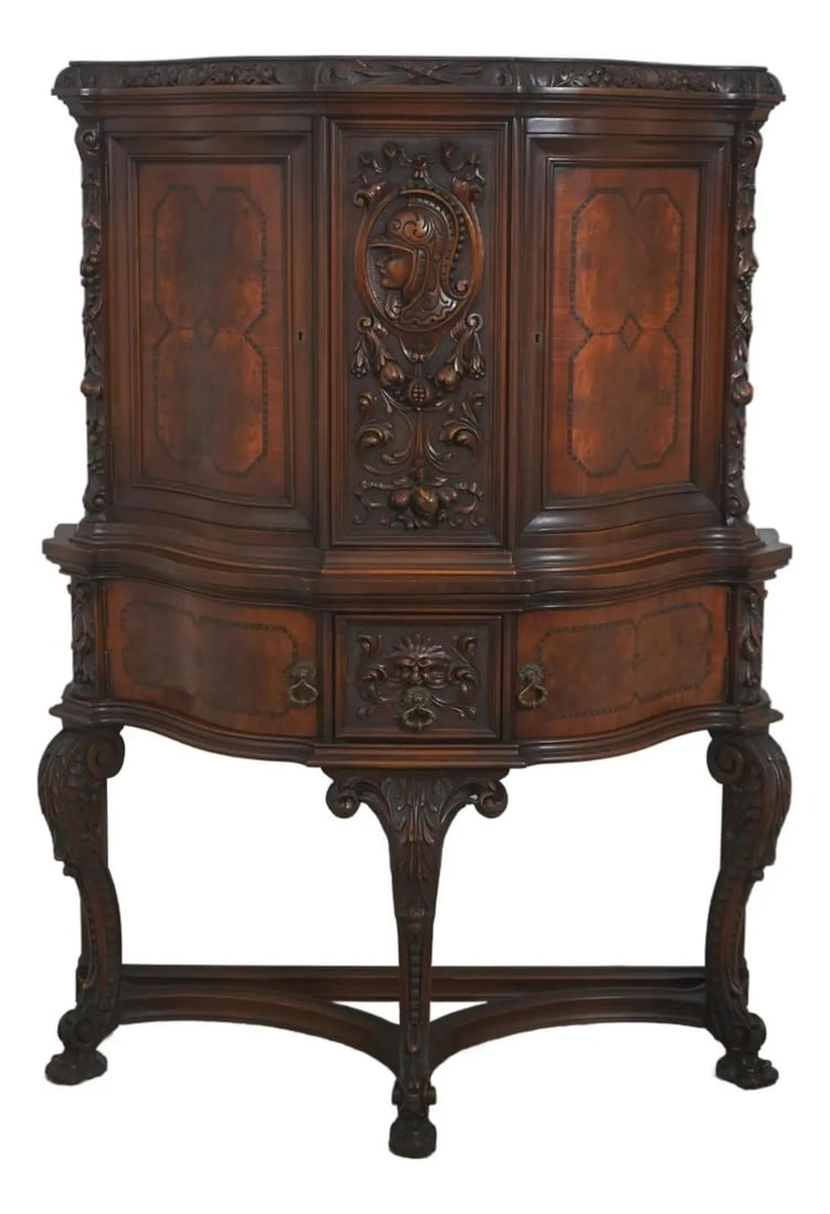 Walnut French Renaissance china cabinet carved paw feet c1920s (1 of 10)