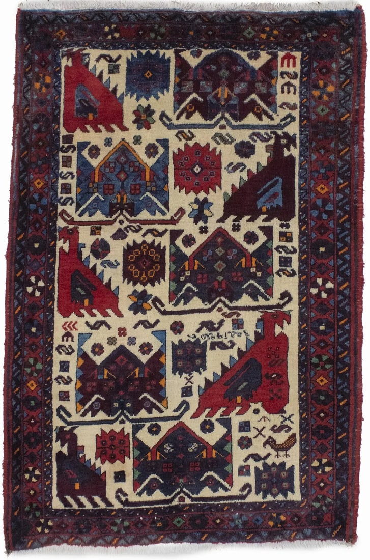 Small Cream Wool Tribal Pictorial Vintage Oriental Rug 2'8 x 4'2 Handmade: Small Cream Wool Tribal Pictorial Vintage Oriental Rug 2'8 x 4'2 Handmade This handmade vintage tribal pictorial oriental rug features a cream background with accents of red, blue, charcoal, green, an
