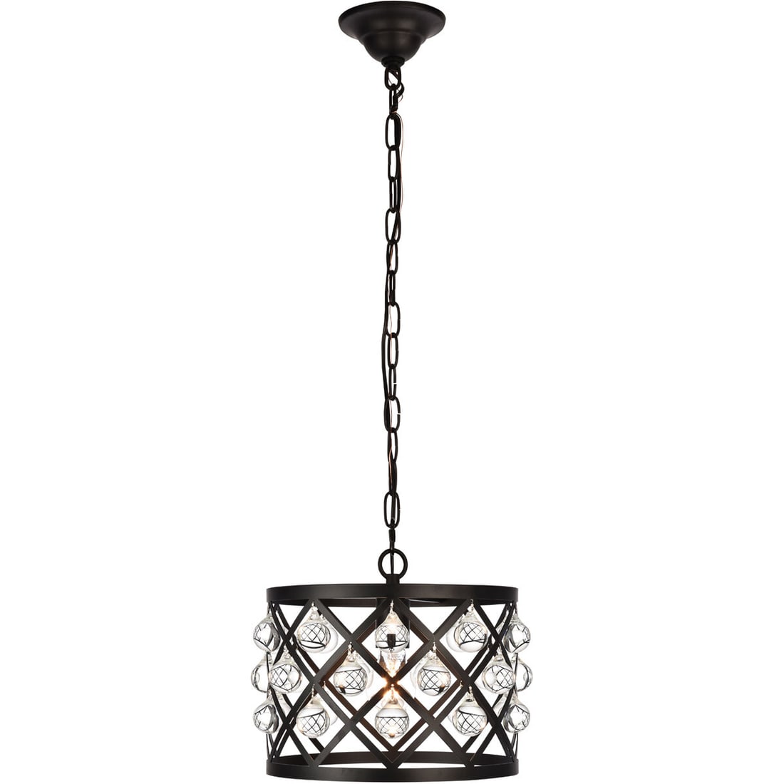 Living District Camden Black Crystal Pendant Light 13 inch: Living District Camden Black Crystal Pendant Light 13 inch This modern pendant light fixture features a black-finished round shade adorned with clear crystal drops, creating an elegant and contemporar