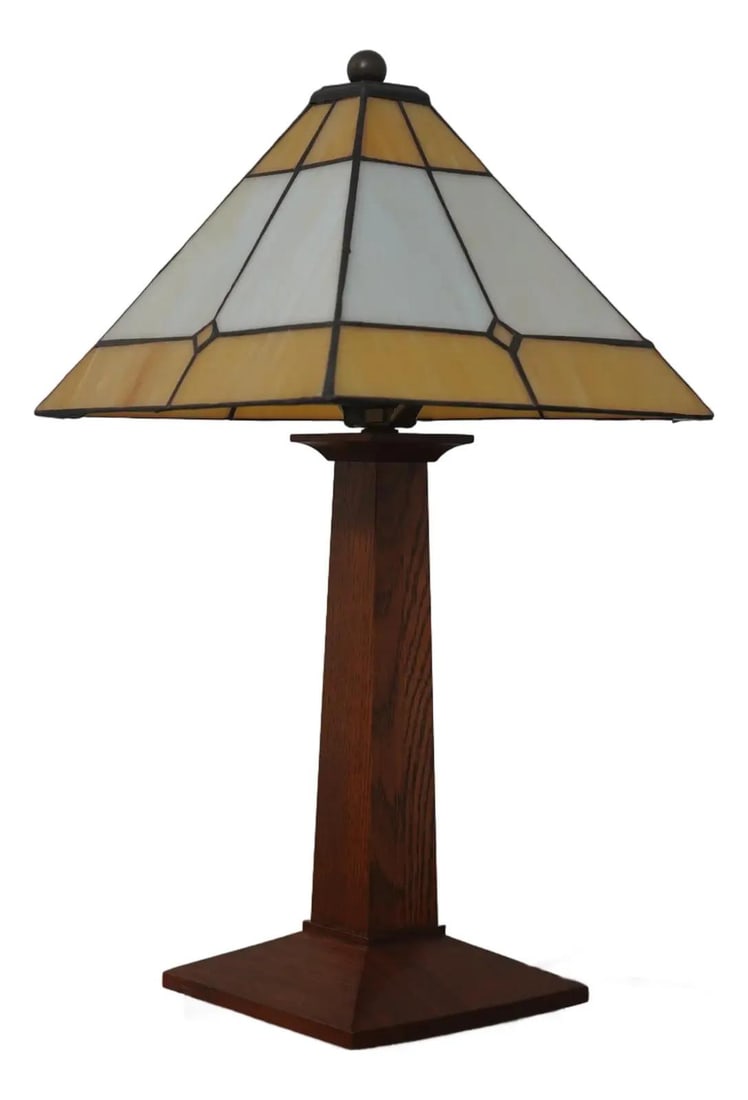 Arts and Crafts Oak Table Lamp With Slag Glass Shade by Stickley (1 of 10)