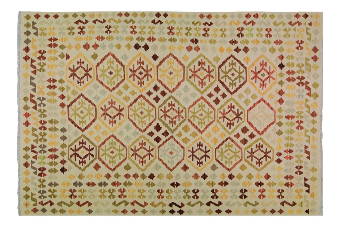 Vintage Maimana Wool Kilim Rug with Geometric Motif 6'6" x 9'7": Vintage Maimana Wool Kilim Rug with Geometric Motif 6'6" x 9'7" This vintage Afghan Maimana kilim is hand woven from wool, featuring natural colors and a geometric pattern. The rug displays a white co