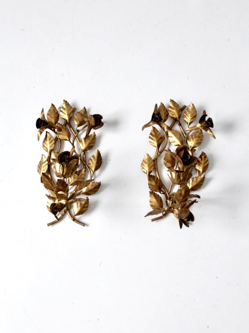 Set of Two Italian Florentine Gilt Tole Candle Wall Sconces with Leaf and Rose Design (1 of 14)