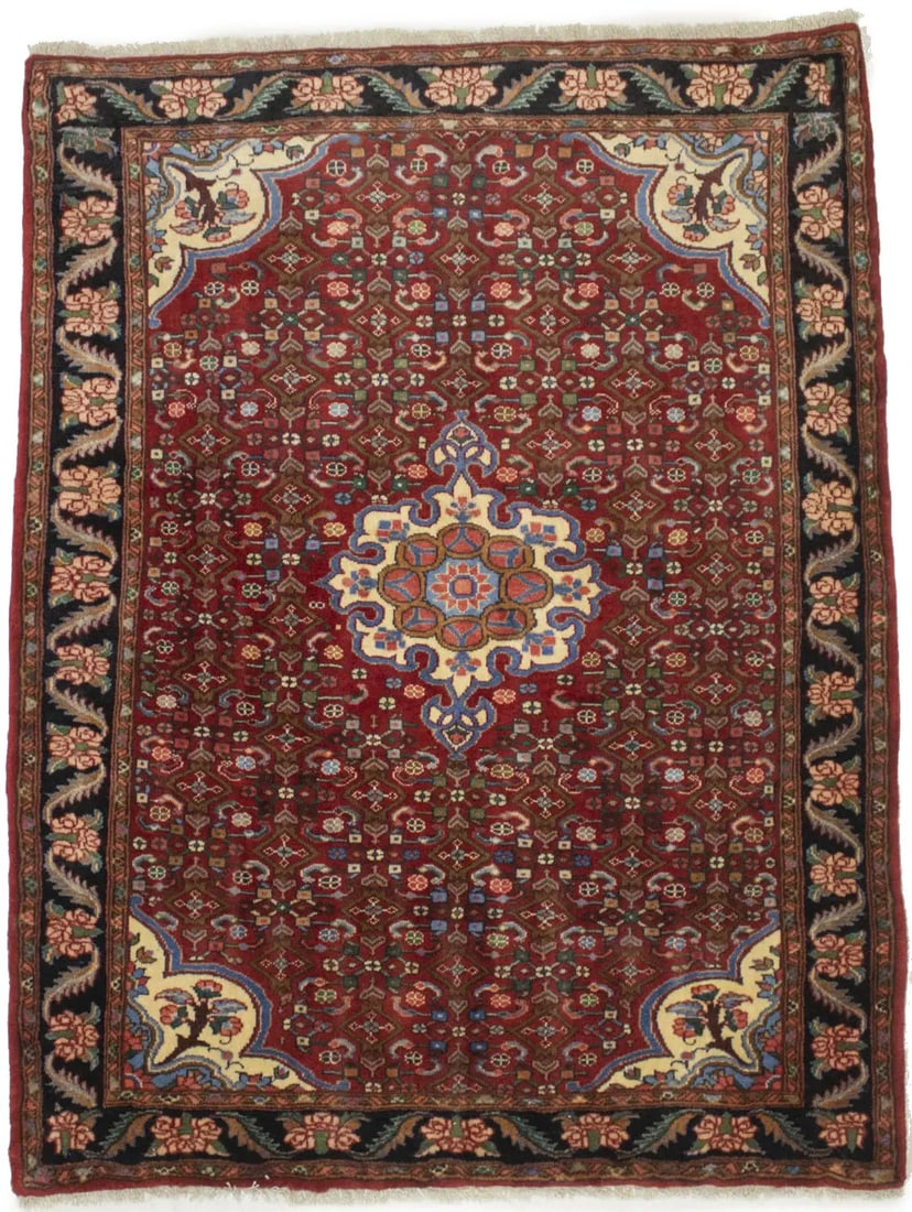 Vintage Wool Tribal Area Rug with Floral Motif 3'7 x 4'9 Hand-Knotted: Vintage Wool Tribal Area Rug with Floral Motif 3'7 x 4'9 Hand-Knotted This is a hand-knotted tribal Oriental rug featuring a small floral design in a farmhouse style. The rug displays a rich palette i
