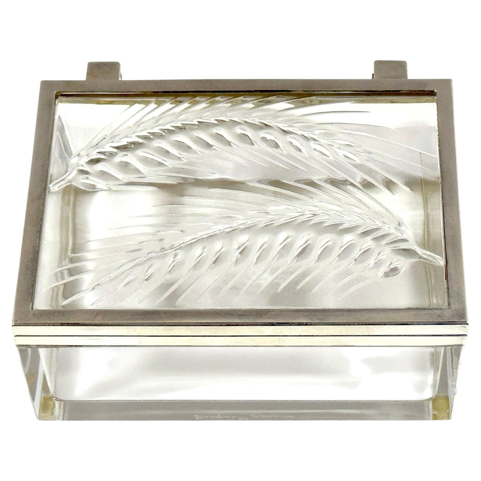 French crystal table box by Lalique Epis silver plate: French crystal table box by Lalique Epis silver plate Elegant Lalique "Epis" crystal and silver-plated table box from France, circa the 1980s. It features the celebrated Epis (Wheat) pattern with scul