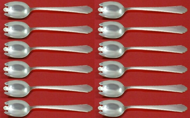 Lunt Sterling Silver William and Mary Ice Cream Forks Custom Set 12 pc: Lunt Sterling Silver William and Mary Ice Cream Forks Custom Set 12 pc This exquisite 12-piece set of ice cream dessert forks showcases the classic William and Mary pattern by Lunt. Crafted from high-