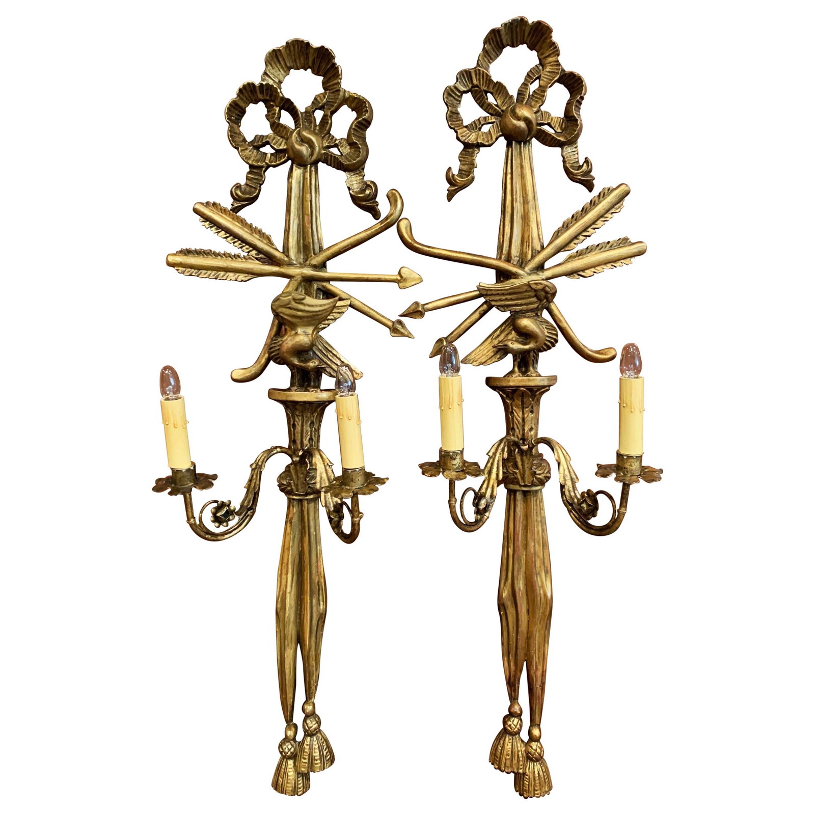 19th Century French Louis XVI Giltwood Sconce Set of 2: 19th Century French Louis XVI Giltwood Sconce Set of 2 Illuminate your space with this exquisite pair of 19th Century French Louis XVI Carved Giltwood Two-Light Sconces. Crafted in France around 1860,
