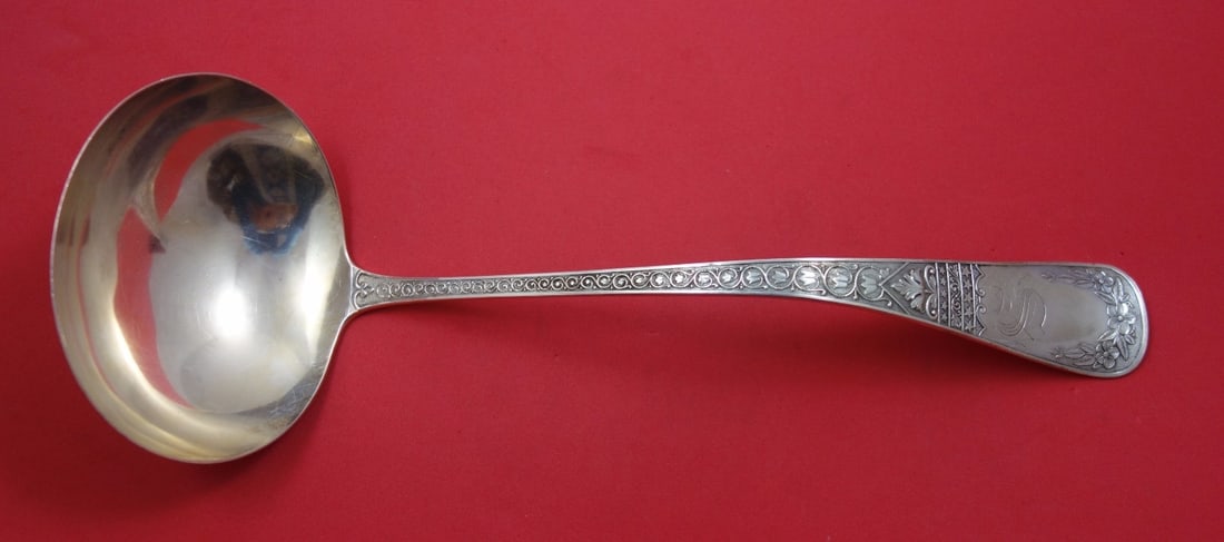 Schulz & Fischer Templar Sterling Silver Soup Ladle 13" Monogrammed: Schulz & Fischer Templar Sterling Silver Soup Ladle 13" Monogrammed Introducing the exquisite Templar Sterling Silver Soup Ladle, expertly crafted by Schulz & Fischer between 1850 and 1899. This elega