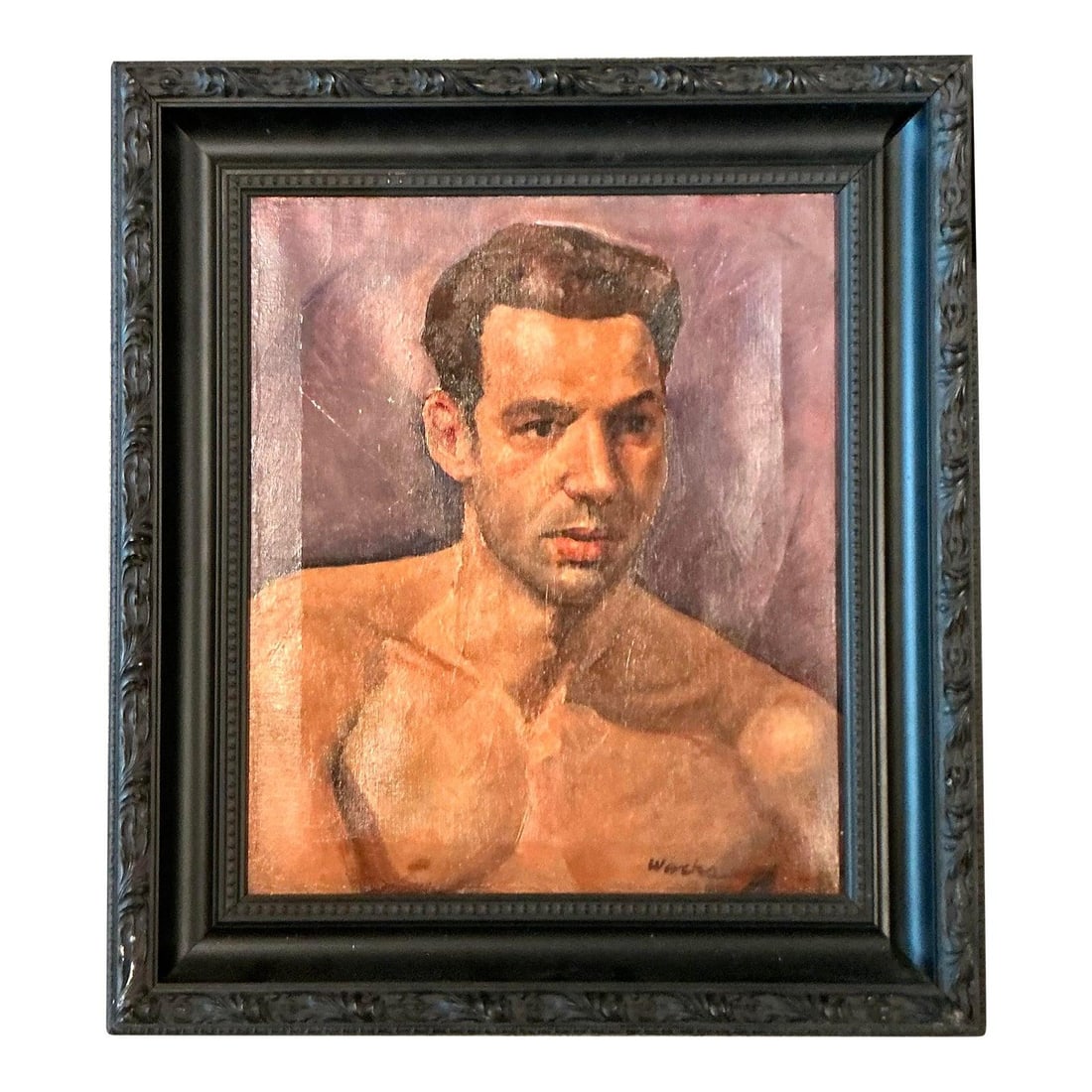 Framed Oil Painting of Male Figure on Canvas in Ornate Black Frame: Framed Oil Painting of Male Figure on Canvas in Ornate Black Frame This vintage oil portrait depicts a shirtless man painted with expressive brushwork, set against a moody background of deep violet an