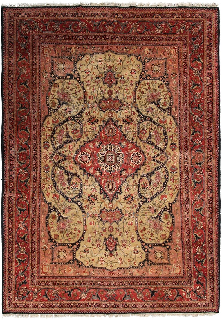 Vintage Farahan Geometric Wool Area Rug 10 x 12'10 Gold: Vintage Farahan Geometric Wool Area Rug 10 x 12'10 Gold This vintage handmade Farahan area rug features a bold geometric Art Nouveau design in gold with accents of peach, pink, brown, and red. Expertl