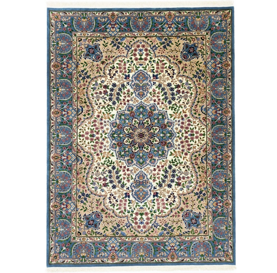 Hand-Knotted Wool Area Rug Floral Design 5'8 x 7'9 Rectangle Handmade India: Hand-Knotted Wool Area Rug Floral Design 5'8 x 7'9 Rectangle Handmade India This handmade Kirman Oriental rug features a classic floral pattern in a blend of cream, blue, beige, brown, pink, green, ma