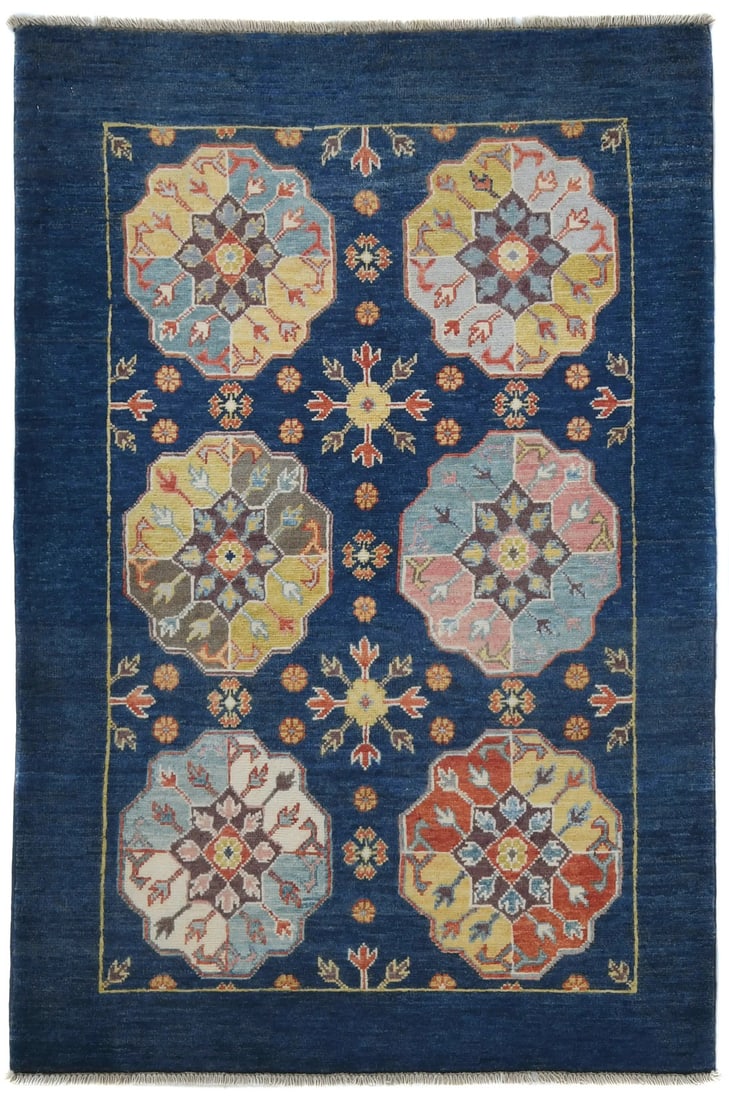 Hand-Knotted Kazak Area Rug Navy Blue Geometric Modern Design Wool 3'4 x 4'10: Hand-Knotted Kazak Area Rug Navy Blue Geometric Modern Design Wool 3'4 x 4'10 Enhance your space with this stunning Kazak Pakistan Rug, featuring a captivating navy blue geometric design that adds a m