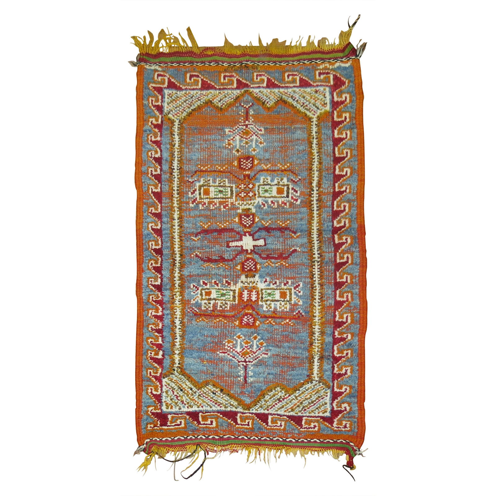 Unique Blue Orange Mid-Century Modern Hand-Woven Moroccan Rug: Unique Blue Orange Mid-Century Modern Hand-Woven Moroccan Rug This unique and one-of-a-kind vintage Moroccan mini rug showcases a vibrant blue and orange color palette, making it a striking addition t