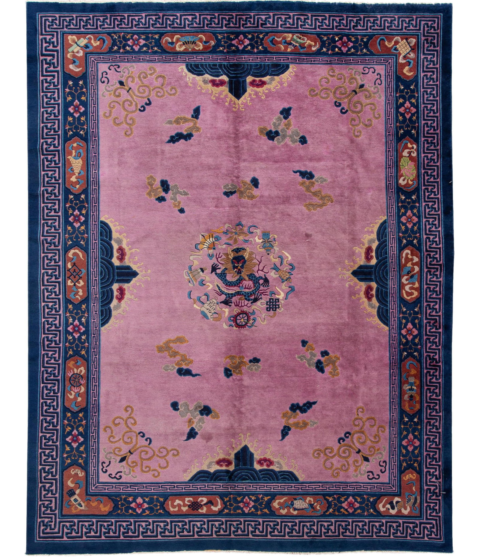 Antique Beijing Dragon Design Hand-Knotted Wool Rug 9'0" x 11'8": Antique Beijing Dragon Design Hand-Knotted Wool Rug 9'0" x 11'8" This exquisite Purple Antique Beijing hand-knotted wool rug features a striking purple field with a blue frame and vibrant multi-color 