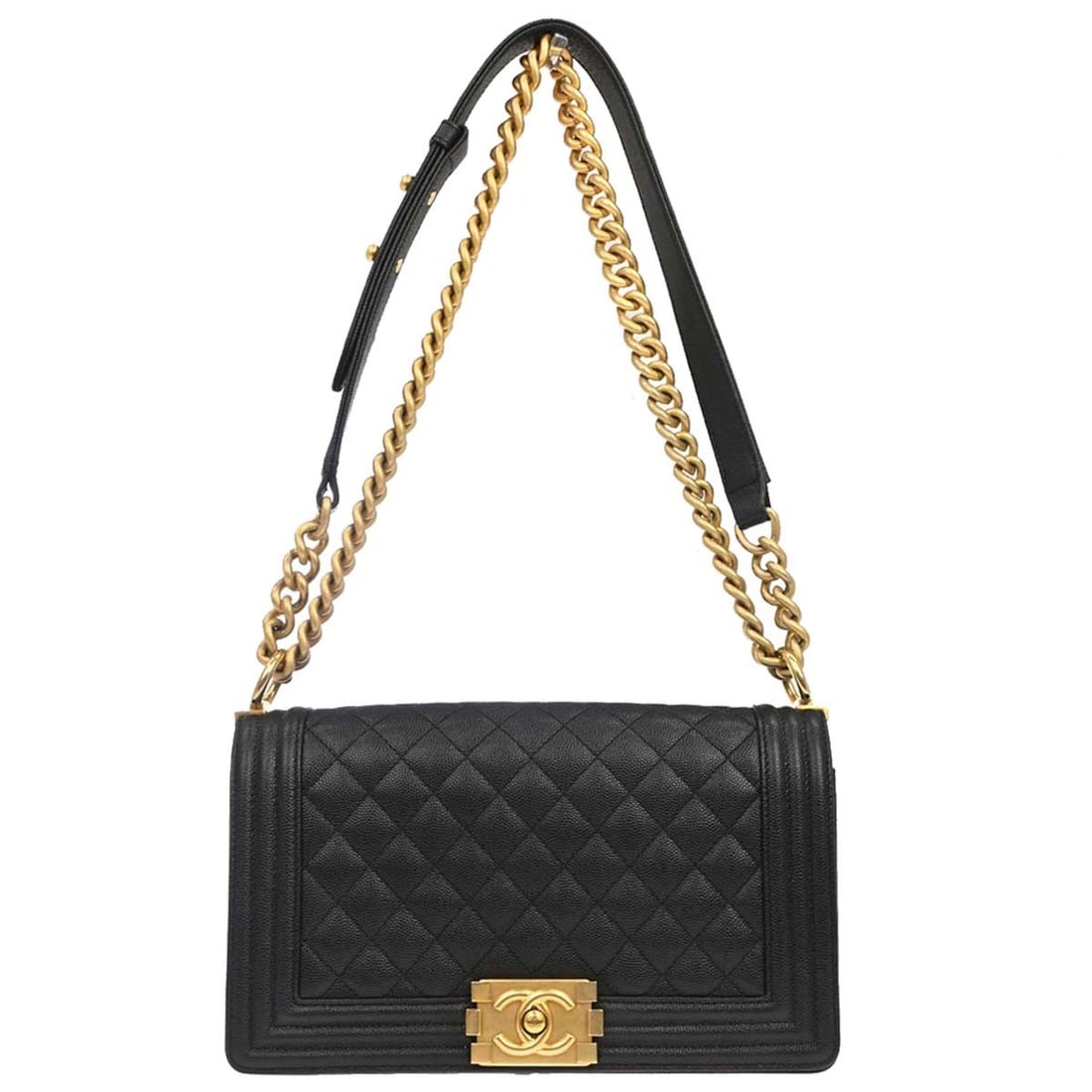 CHANEL Boy Medium Shoulder Bag Black Caviar Leather Silver Tone Hardware: CHANEL Boy Medium Shoulder Bag Black Caviar Leather Silver Tone Hardware Vintage Chanel Boy Medium shoulder bag in black caviar skin leather with a push-lock closure, silver-color hardware, quilted ac