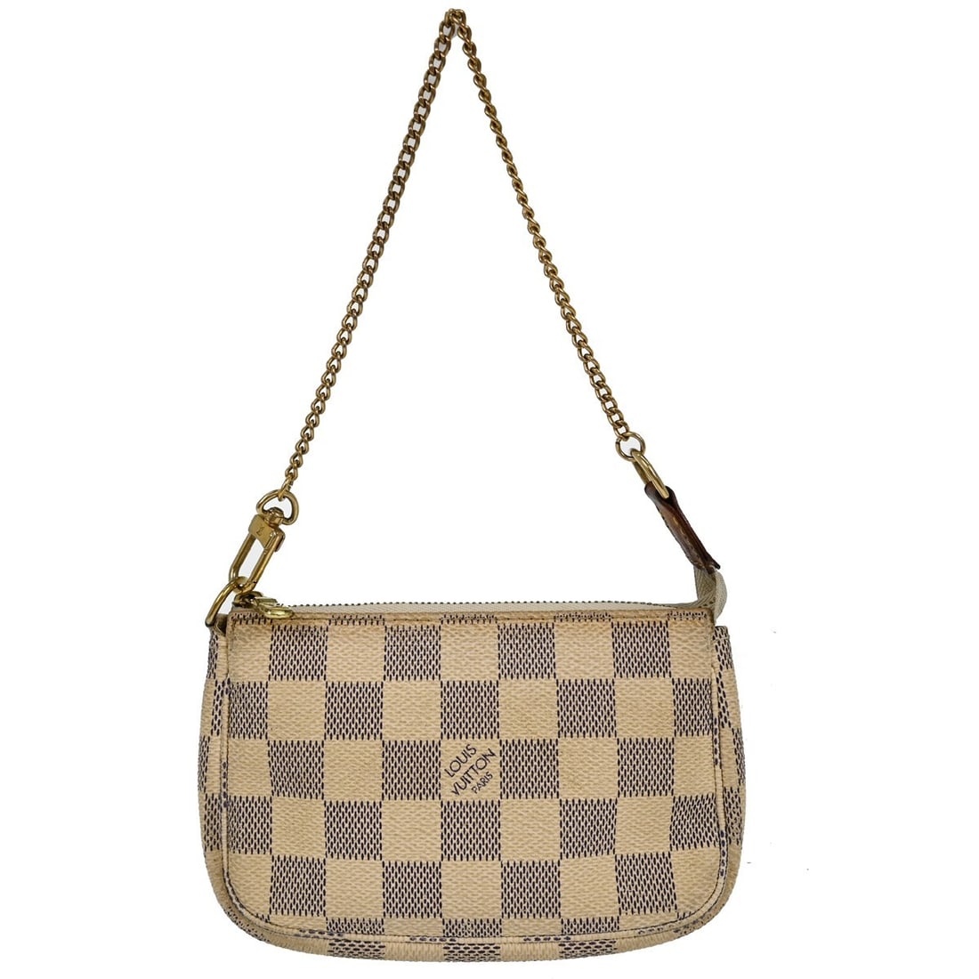 Louis Vuitton Mini Pochette Accessoires Damier Azur Pouch N58010: Louis Vuitton Mini Pochette Accessoires Damier Azur Pouch N58010 Vintage Louis Vuitton Mini Pochette Accessoires in Damier Azur canvas with leather trim and a chain strap. This women's mini handbag fe
