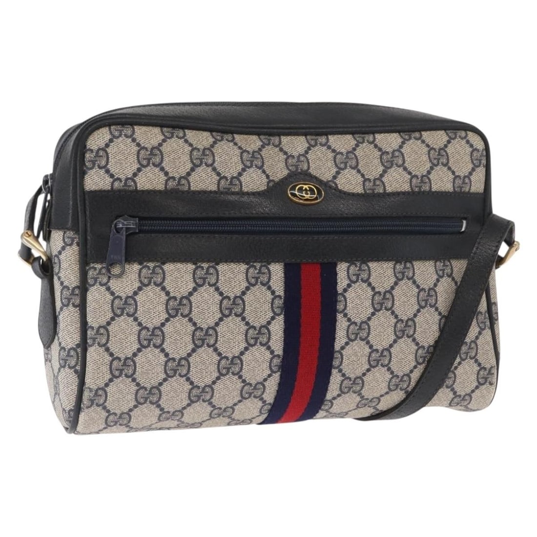 Gucci Sherry Line Navy Gold PVC Shoulder Bag 010 378: Gucci Sherry Line Navy Gold PVC Shoulder Bag 010 378 This GUCCI GG Supreme Sherry Line shoulder bag features a navy and gold color scheme with PVC leather and GG canvas exterior. Designed for women, i