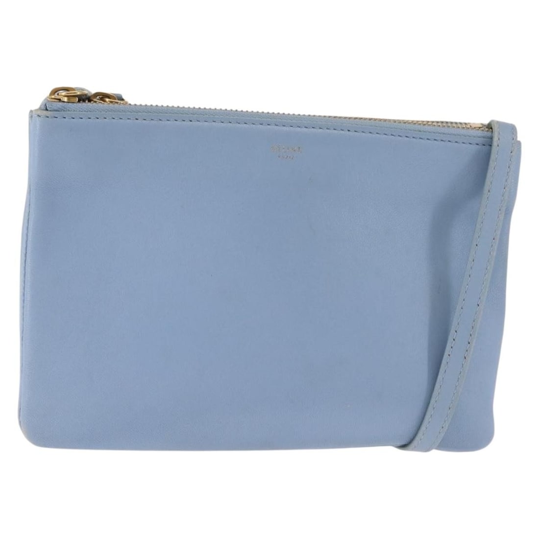 Authentic CELINE Trios Mall Shoulder Bag Blue Gold Leather Made in Italy: Authentic CELINE Trios Mall Shoulder Bag Blue Gold Leather Made in Italy Introducing the CELINE Trios Mall Shoulder Bag, a stylish accessory crafted in Italy. This shoulder bag features a luxurious le