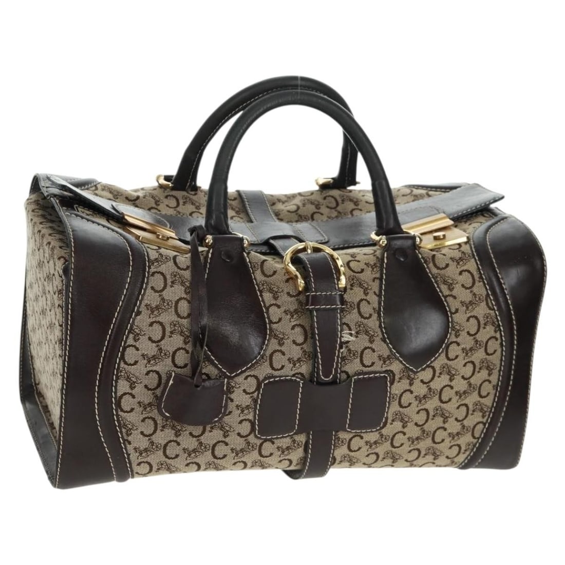 Celine Boston Bag Brown Canvas C Sulky with Key and Clochette: Celine Boston Bag Brown Canvas C Sulky with Key and Clochette This is a Celine C Sulky Boston bag crafted in brown and gold Macadam canvas. The bag features a Boston-style silhouette with dual top han