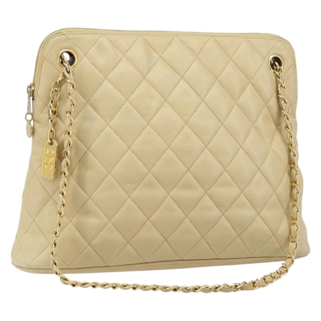 CHANEL CC Chain Tote Shoulder Bag Beige Lamb Skin: CHANEL CC Chain Tote Shoulder Bag Beige Lamb Skin CHANEL Matelasse chain shoulder tote bag in beige lamb skin with gold-tone CC detailing. This women's tote was made in Italy and features a shoulder-c