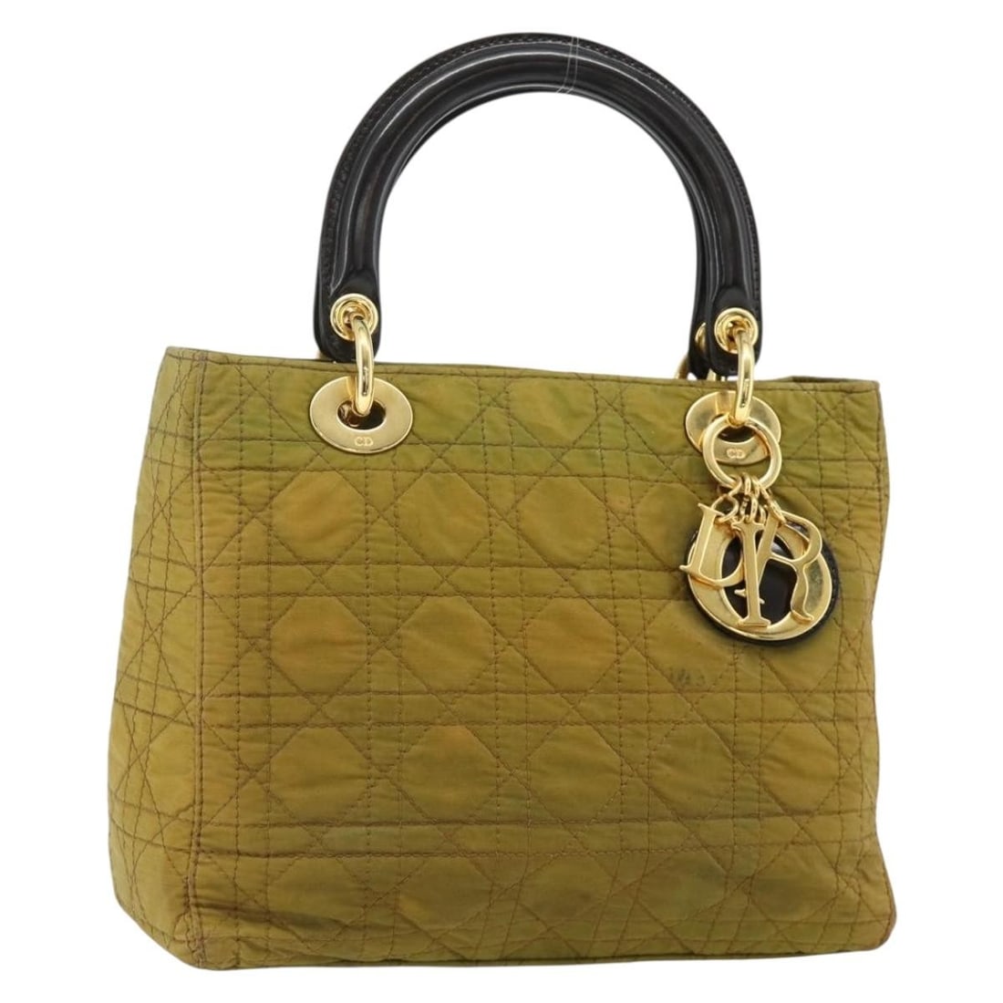 Christian Dior Lady Dior green gold nylon handbag charm Italy: Christian Dior Lady Dior green gold nylon handbag charm Italy This Christian Dior Lady Dior Cannage handbag is crafted from green and gold nylon, offering a stylish and recognizable design. The bag fe