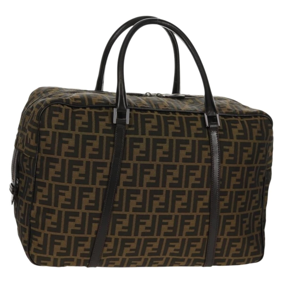 FENDI Zucca Canvas Boston Bag with Padlock Key Clochette: FENDI Zucca Canvas Boston Bag with Padlock Key Clochette Authentic FENDI Boston bag in black and brown Zucca canvas. This women's bag includes a padlock, one key, and a clochette. Made in Italy, it sh
