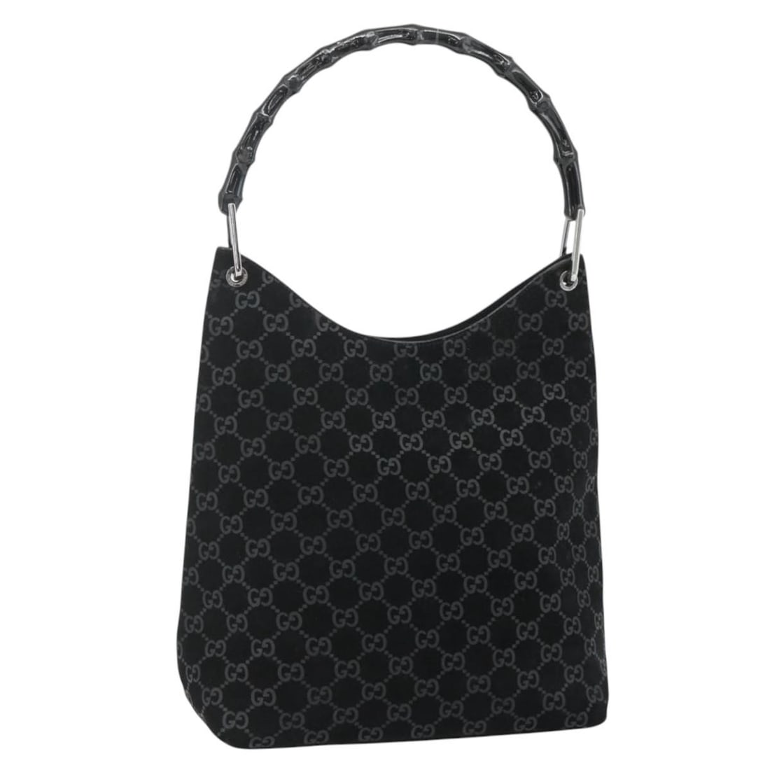 Gucci 001 3006 Bamboo Shoulder Bag in Black Suede GG Canvas: Gucci 001 3006 Bamboo Shoulder Bag in Black Suede GG Canvas Gucci Bamboo GG Canvas shoulder bag in black suede with silver-tone accents. Made in Italy, this women's shoulder bag is from product line 0
