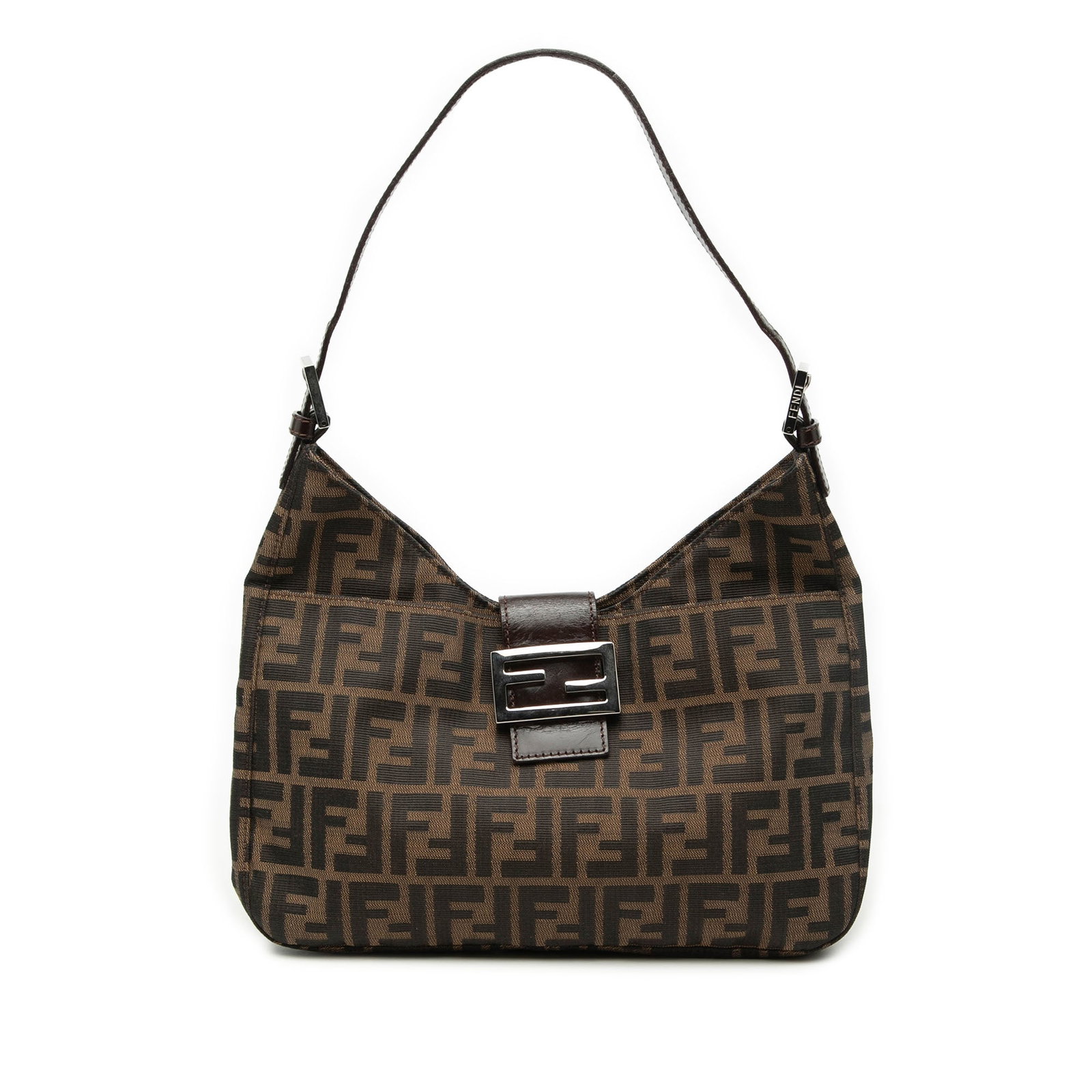 Fendi Zucca Canvas Brown Shoulder Bag: Fendi Zucca Canvas Brown Shoulder Bag This Fendi Zucca Canvas Shoulder Bag features a brown fabric body with the iconic Zucca pattern, complemented by a flat leather strap. The bag includes an open to